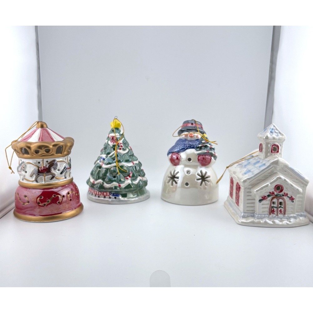 Light Up Ceramic Christmas Ornaments Set of 4 Snowman Carousel Church Tree